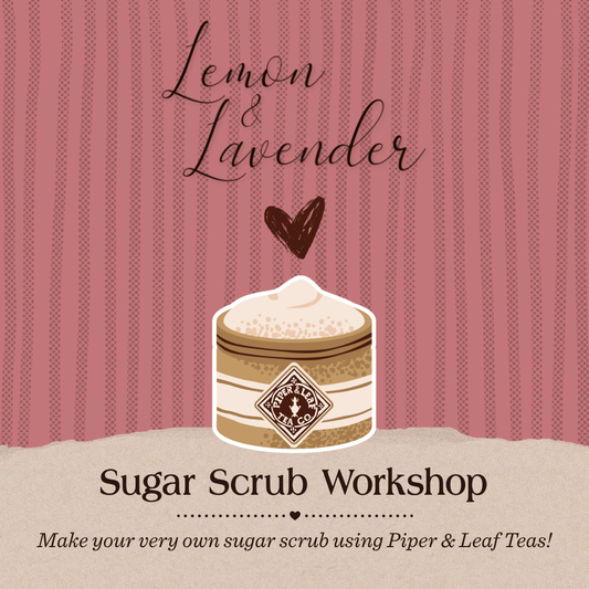 Graphic for Piper and Leaf Tea Co.’s Sugar Scrub Workshop in Huntsville, AL, featuring an illustrated scrub jar on a pink patterned background.